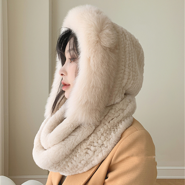 प्राकृतिक फर गर्म टोपी गर्दन स्कार्फ महिलाओं के लिए बुना हुआ रियल रेक्स खरगोश और फॉक्स फर हुड वाला स्कार्फ गर्दन शीतकालीन महिला के लिए