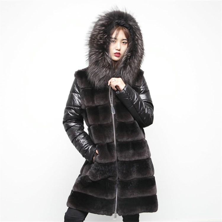 Best Price Fluffy Hood Coat Rex Rabbit Womens Fur Coat in cappucciu