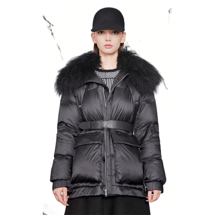 HG7138 2022 Mantel Tahan Angin Hitam Gaya Baru Mode Kustom Kerah Bulu Domba Populer Mantel Bulu Angsa Wanita dengan Bulu
