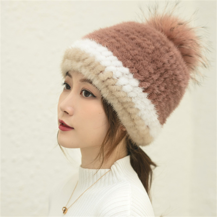 HHB922 තොග ඉලාස්ටික් knit beanie cap ගෙතුම් mink fur hat ශීත තොප්පි raccoon pom poms