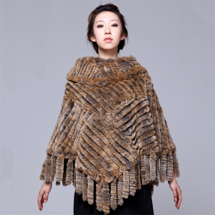 Womens winter knitted rex rabbit shawl fur poncho