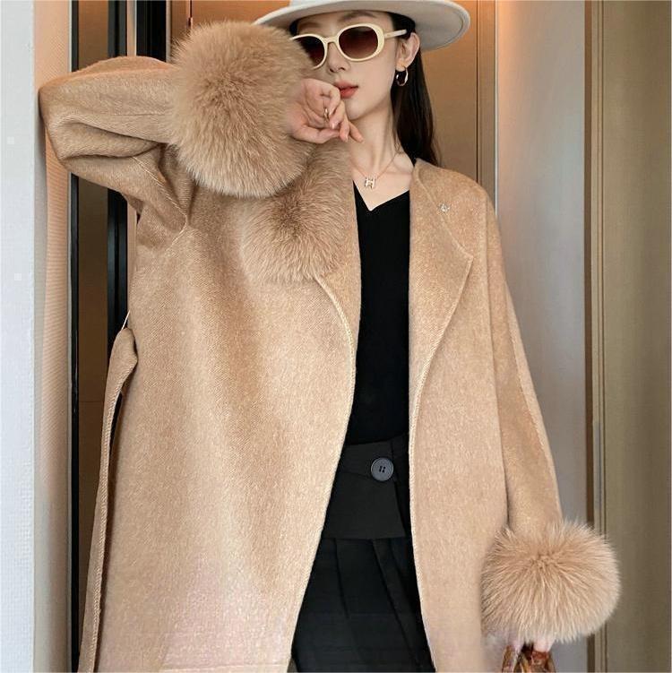 En-gros CUSTOM Double Face haină de blană de lână femei haină de blană de lână adevărată jachetă trench cu vulpe
