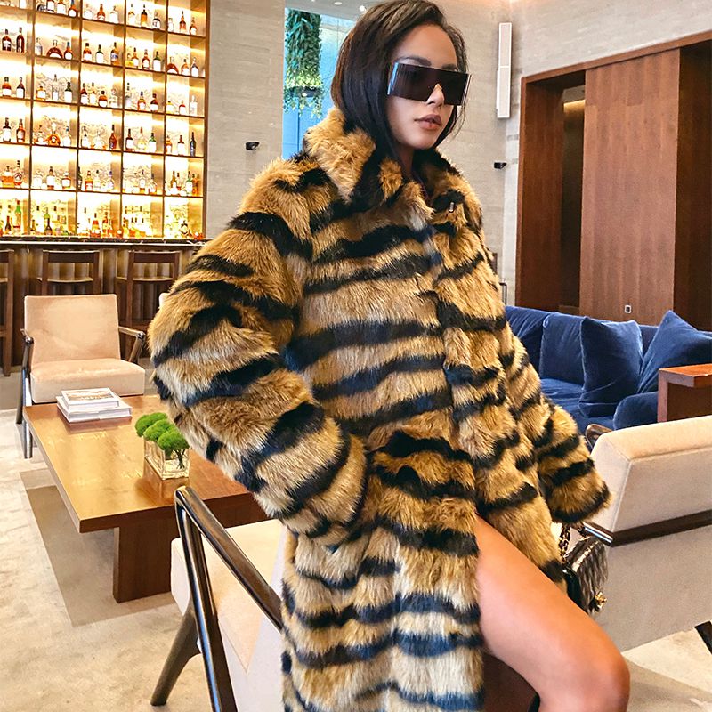 Musim Dingin Nyaman Leopard Animal Print dengan Kerah Mantel Bulu Imitasi Wanita Mewah Mid-length Mantel Hangat Wanita Mantel tebal tahan dr