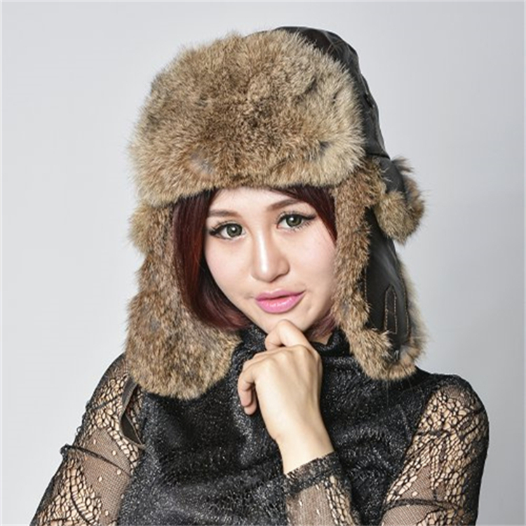 ຂາຍຮ້ອນ Earflap Hat Women Real Rex Rabbit Fur Hat lining 100% POLYESTER RABBIT HAT with REAL LAMB Leather