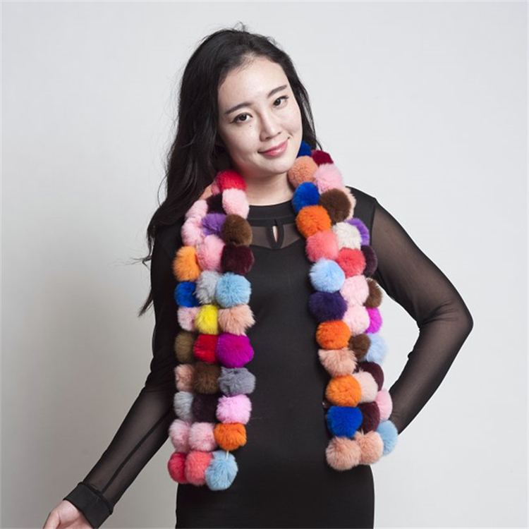 Stylish Wholesale Colorful Rex Rabbit Pom Scarf Fur Neck Warmer Winter Cross Shawl Fur Scarf for Women