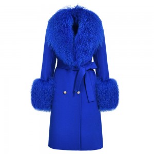 Оптовая продажа, двойное шерстяное пальто на заказ, женское кашемировое пальто с меховым поясом, шуба из монгольской шерсти