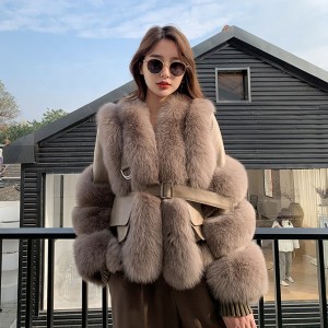 Geacă de piele pentru femei Gros și cald personalizat de iarnă, cu blană de vulpe, jachetă de blană de vulpe adevărată și lider