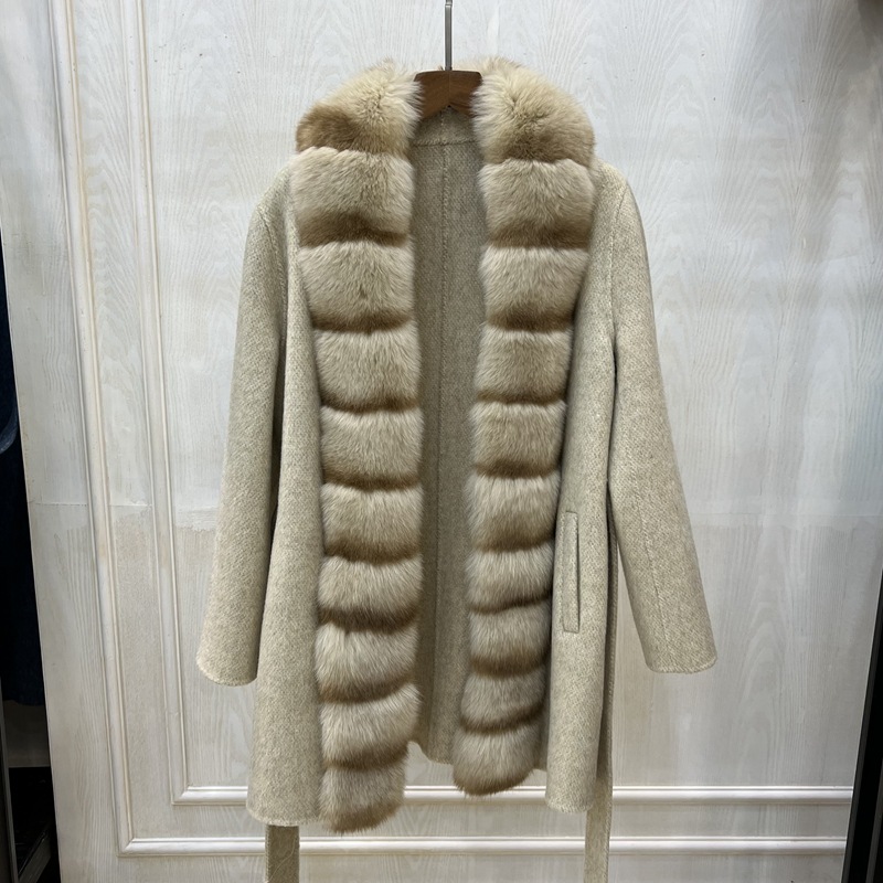 カスタム卸売リアルファーカシミアベルトキツネの毛皮ウール女性ウールジャケット