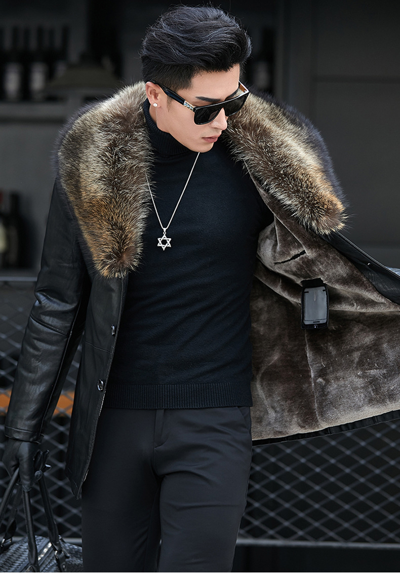 Moda preto inverno couro de ovelha trench coat gola de raposa personalizado varsity paquistão jaqueta de couro masculino genuíno