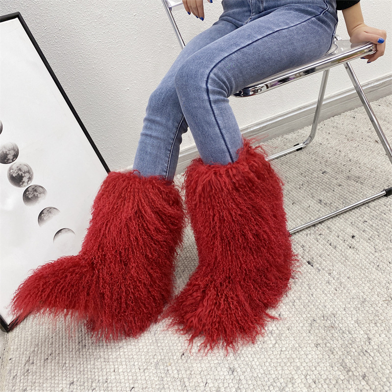 カスタムロゴ卸売冬リアルモンゴル毛皮スリッパ女性毛皮ブーツ