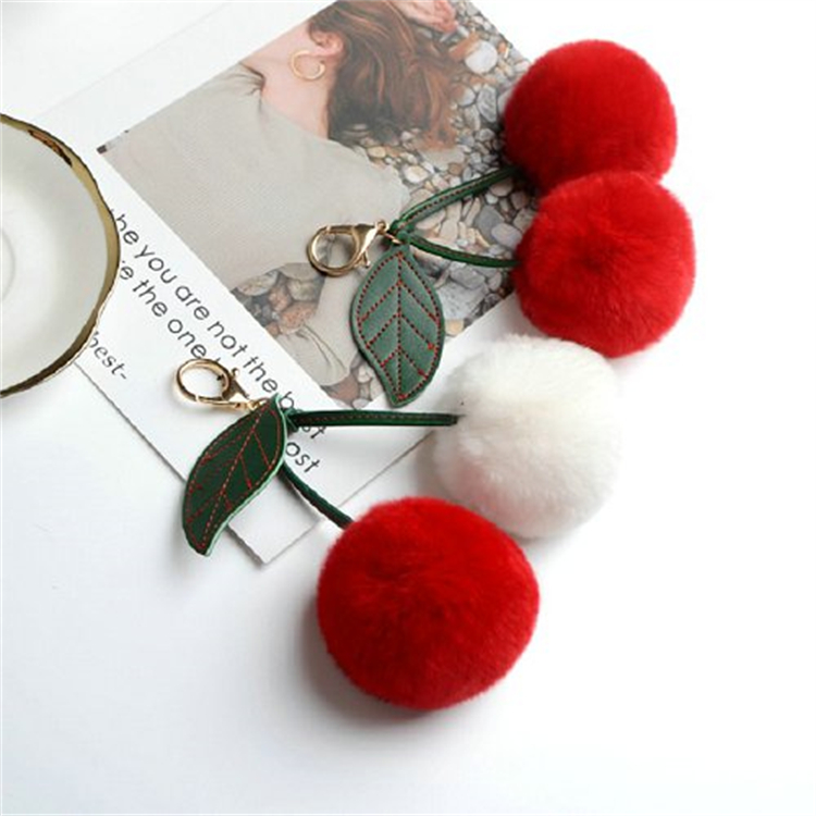 Women tassel hairball keychain plush fluffy ball real fur key chain 7 cm rex rabbit cherries key ring
