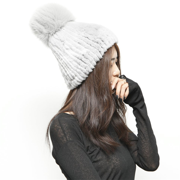 HHC195 Women Knitted Real Rex Rabbit Fur Hat Hooded Scarf Winter hats for Women Warm Natural Fur Hat With Neck Scarves