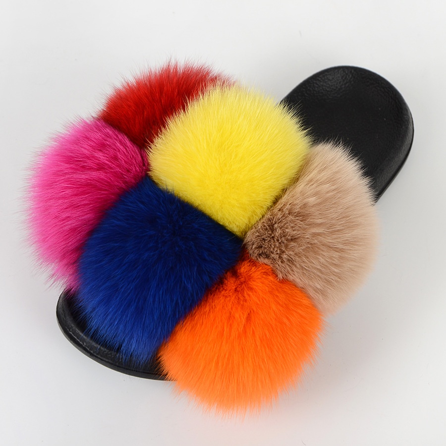 logo custom logo Men's real fur slides scandal Furry Home Flat pom pom fur slides fashion fur slippers