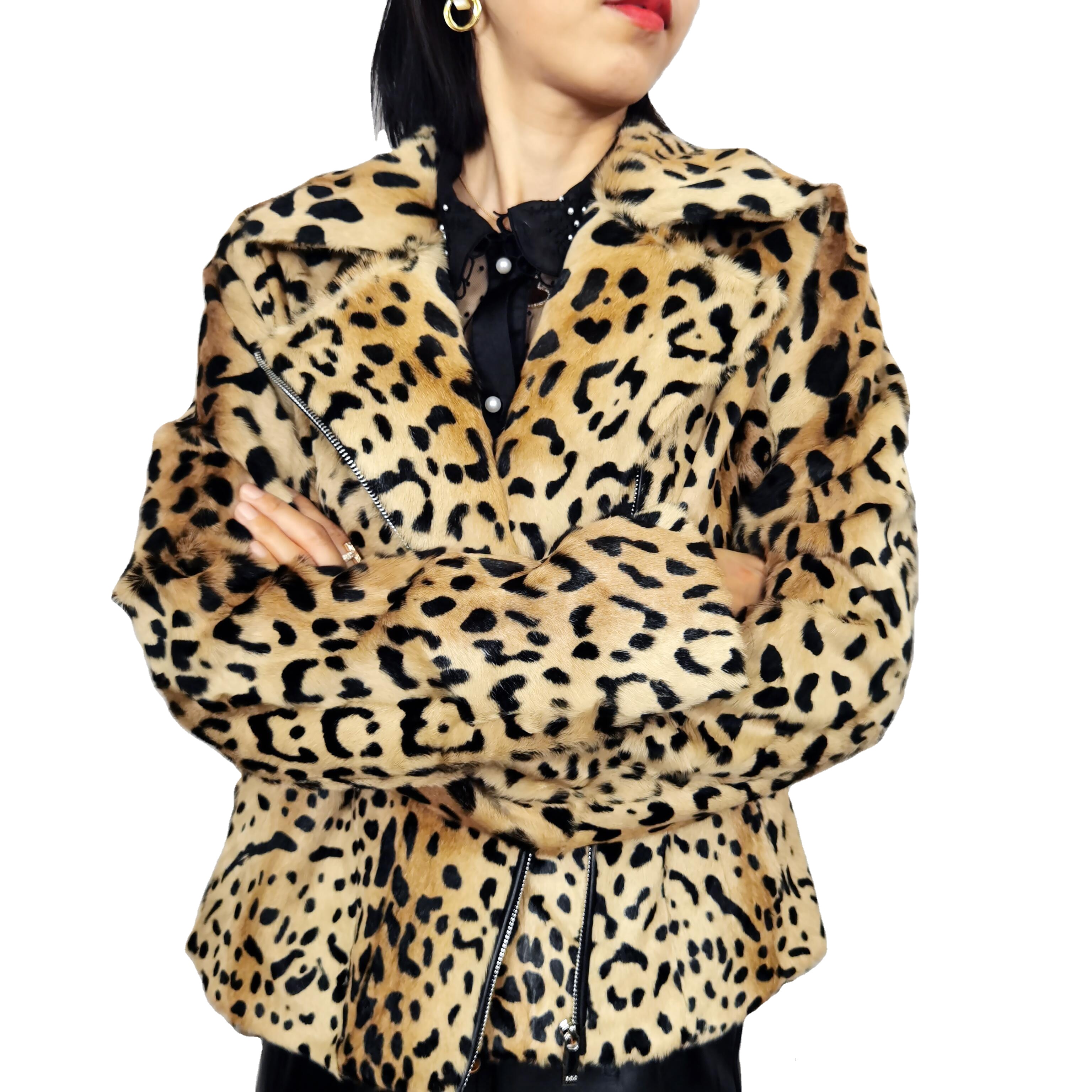 HHC130 Зимнее теплое модное пушистое женское пальто с леопардовым принтом из натурального меха ягненка