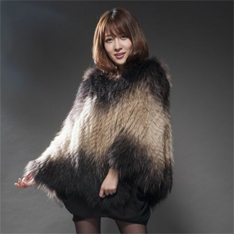 Poncho de piel de mapache auténtica a la moda para mujer, chaleco tejido con capucha para mujer, chaleco cálido de invierno