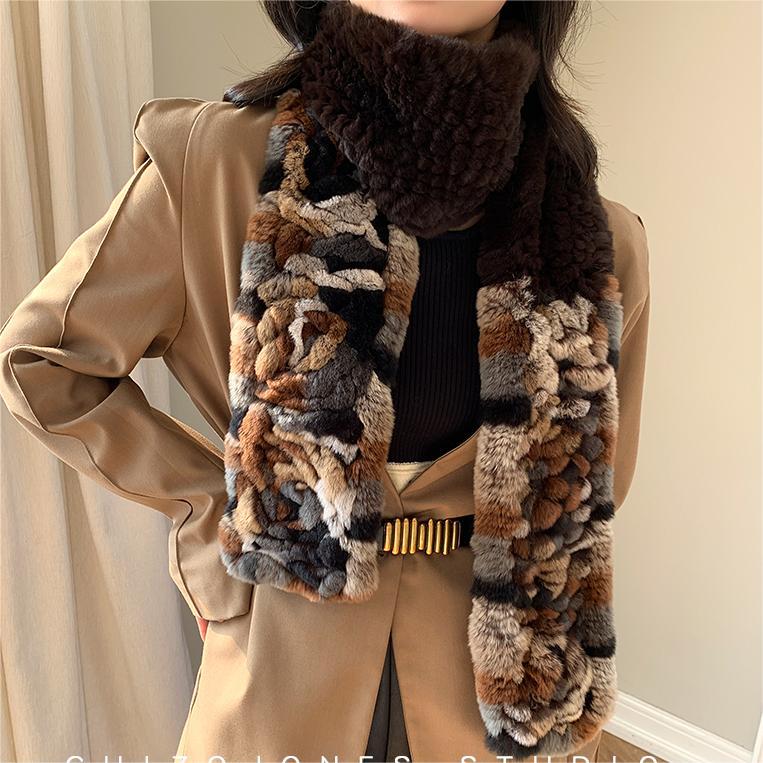HHB157 Wholesale Ladies Modern Style Real Rex Rabbit Fur Muffler Genuine Fur Scarf