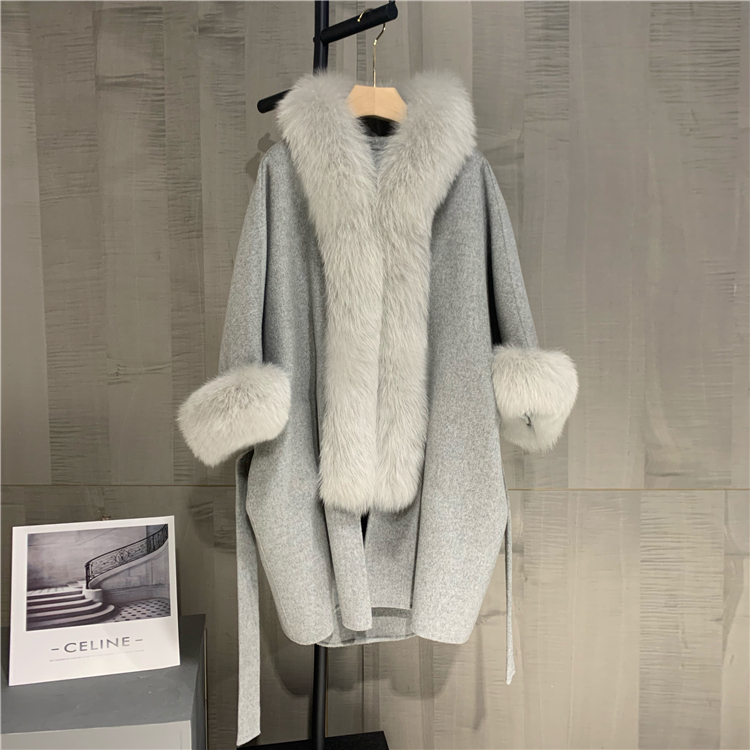 Handmade Women Wool Coat Cashmere Wool Double Sided Wool Overcoat Warm Winter Real Fox Fur Collar Women Coat Cashmere