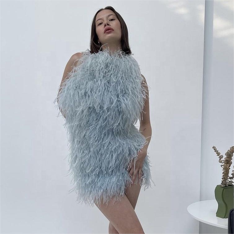 Custom Party Evening Mini Elegant Dress Woman Fur Dress Pakaian bulu burung unta mewah