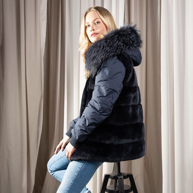 Parka Long Coat Women Real Rex Rabbit Fur Jacket with Raccoon Trim, Women Fashion Long Style Winter Hood Jacket For Lady