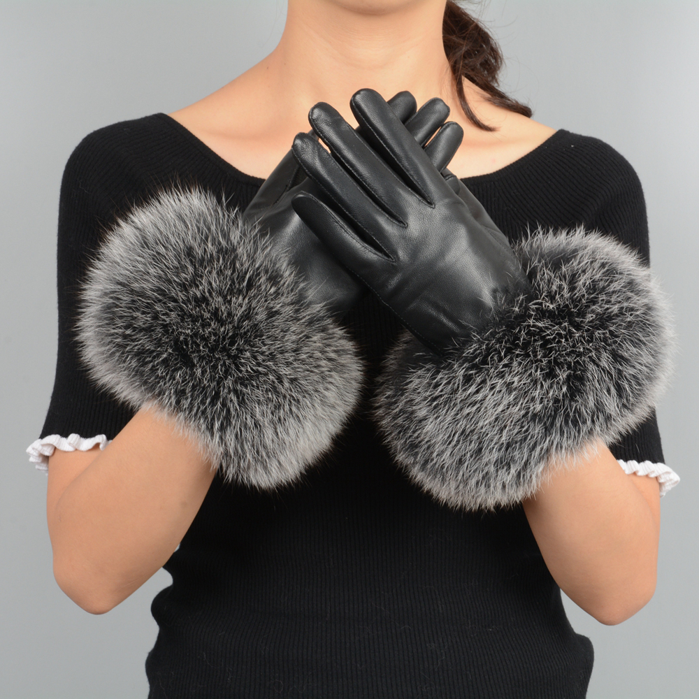 Зимние ветрозащитные перчатки из кожи и лисьего меха на заказ, модные дизайнерские перчатки из лисьего меха для вождения на открытом воздухе