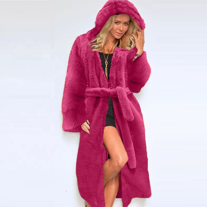 προσαρμοσμένα γυναικεία παλτό και ρούχα μεγαλύτερα σε μέγεθος χειμερινά σακάκια μακριά ζώνη με κουκούλα αφράτο γυναικείο παλτό από ψεύτικη γούνα