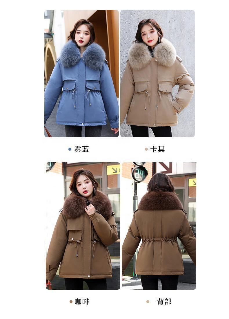 Venta al por mayor, chaqueta de invierno parka de piel con cuello de piel sintética mullida y cálida personalizada para mujer
