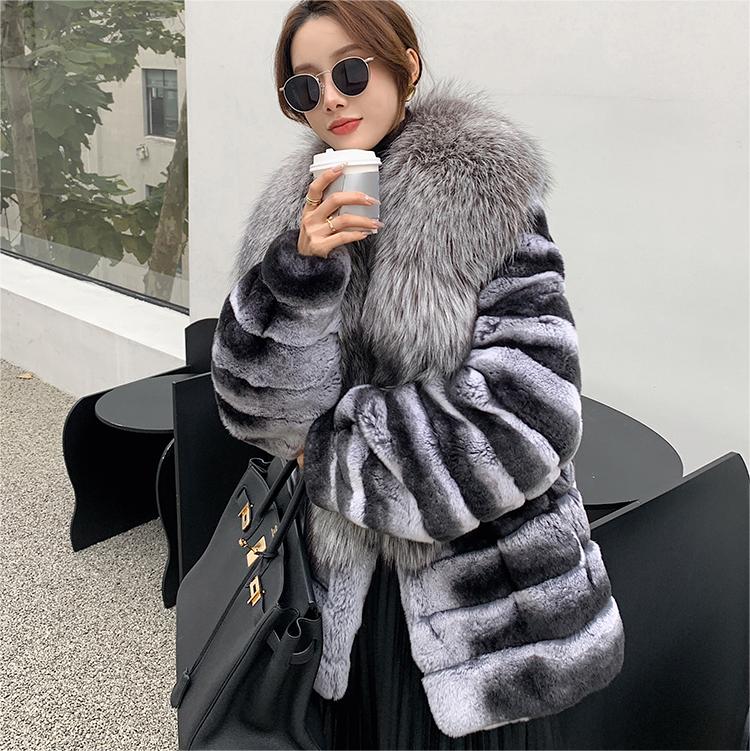 HG7386 зимска големопродажба CUSTOM врвен квалитет луксузни различни стилови зимски жени вистински зајачко крзнено палто со сребрена лисица јака