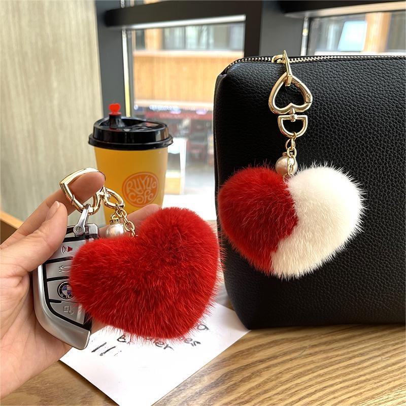 ขายส่งพวงกุญแจ Full Skin Heart Shape Mink Fur Key แหวนจี้ Key chain Plush Soft จี้โซ่