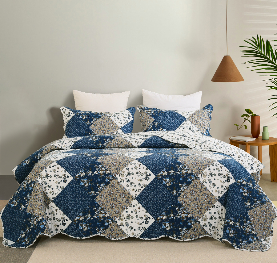 طقم لحاف كل الموسم مكون من 3 قطع مفرش سرير مجموعة الزمرد الأزرق والأبيض