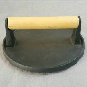 Ümmargune BBQ-tööriist malmist puidust käepidemega praad, pressgrill, röstitud praetud liha survetööriist