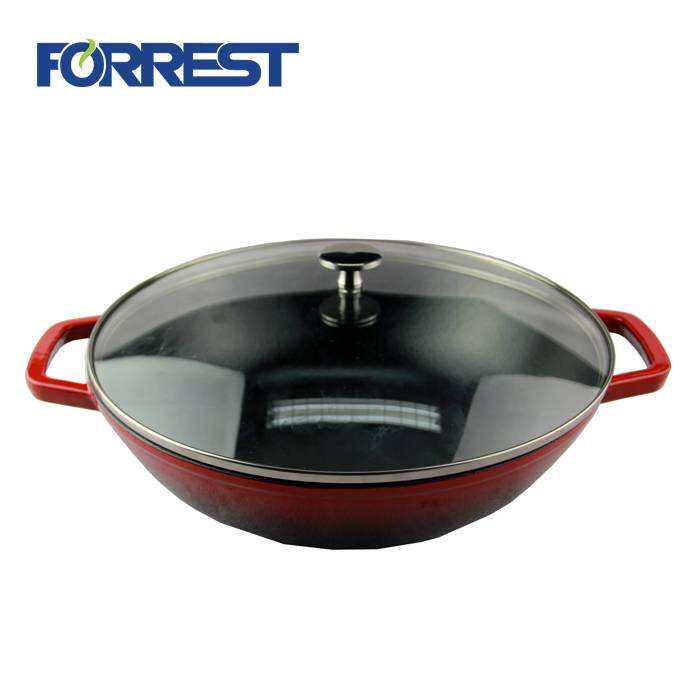 Red Dia36cm round enameled cast iron wok pan in glass lid