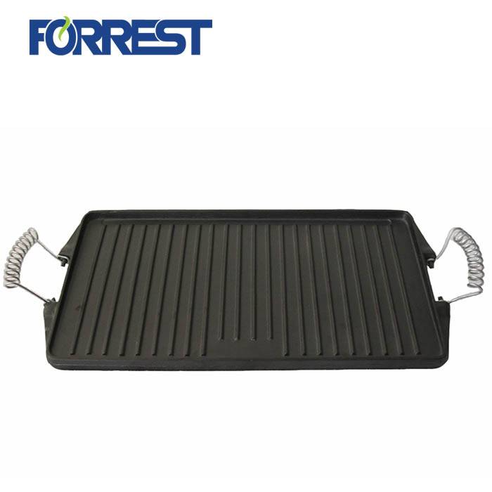 Rectangular cast iron preseasoned reversible bbq grill plate with stainless steel handles