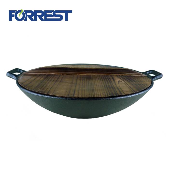 Hot Sale Cast Iron Stir Frypan Flat Base Wok Mei Houten Deksel Foar Cookware