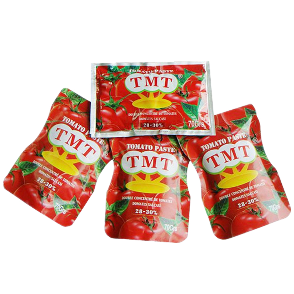 22-24% Брікса, китайська фабрика Pure, 70 г, малий плоский пакетик, супер натуральна томатна паста