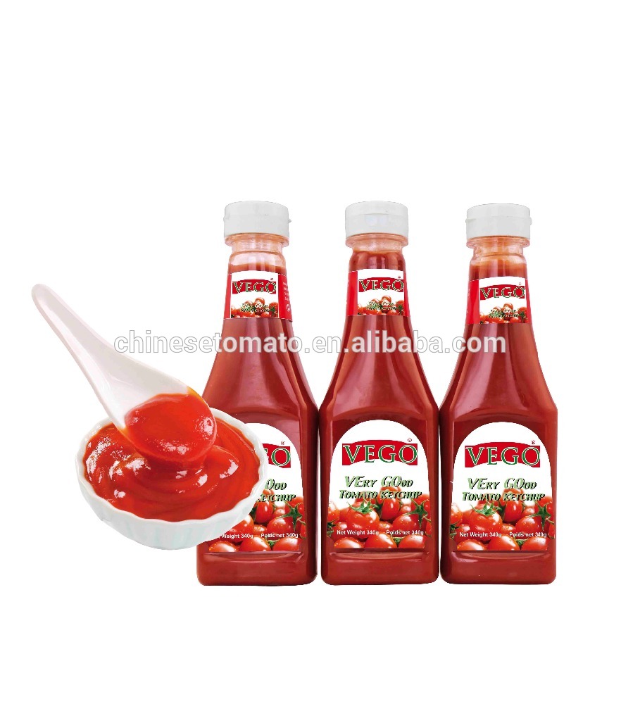 Kétchup de tomate por xunto 340 g botella de plástico botella de plástico dubai China fábrica OEM marca