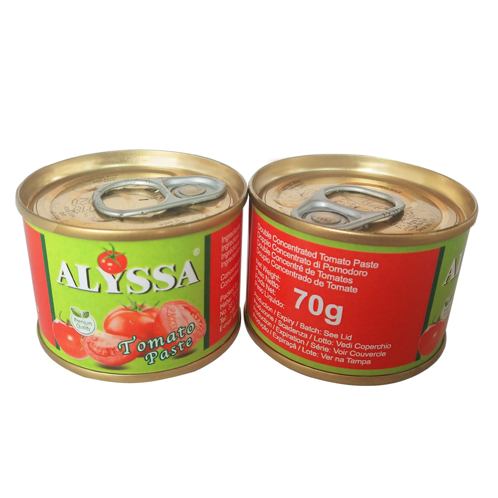 ہول سیل 28-30% ارتکاز ٹماٹر پیسٹ فیکٹری آسان کھلا ڈبہ بند ٹماٹر پیسٹ 70 گرام افریقہ کی مارکیٹ کے لیے