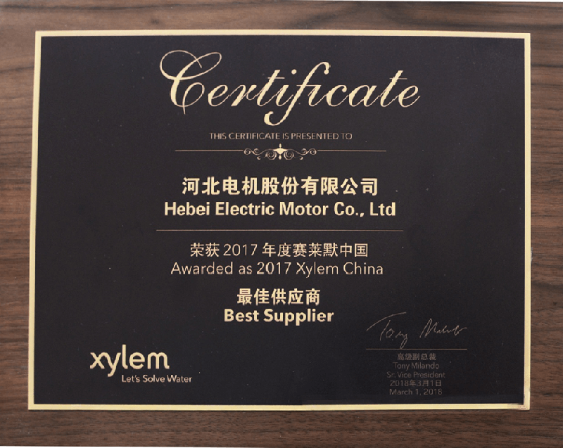 Hebei Electric Motor Co., Ltd riro te tohu "2017 Xylem China Best Supplier".