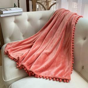 Pompom Fringe Flanel Blanket lan Dekoratif Knitted Blanket