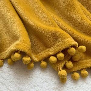 Pompom Fringe Flannel Blanket û Decorative Knitted Blanket