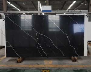 Slab kuarsa Calacatta hitam berkualitas tinggi, model 8014, seri Quartz Transparan, kuarsa grosir pabrik Cina