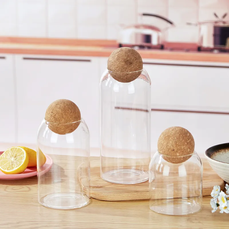 צנצנות מזון מזכוכית מנופחת ביד צנצנות זכוכית שקופות לאחסון צילינדר עם מכסה שעם לשימוש במטבח