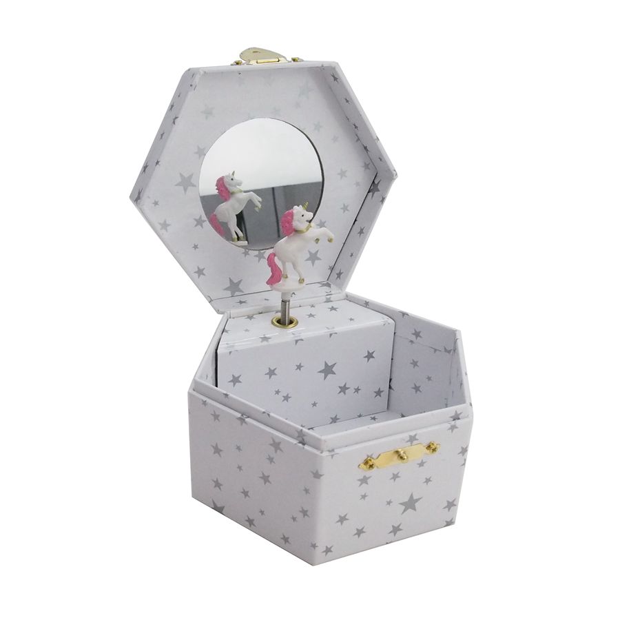 Oanpaste Hexagon Mechanism Spring Star Girls Kids Music Box Muzikale gift Boxes