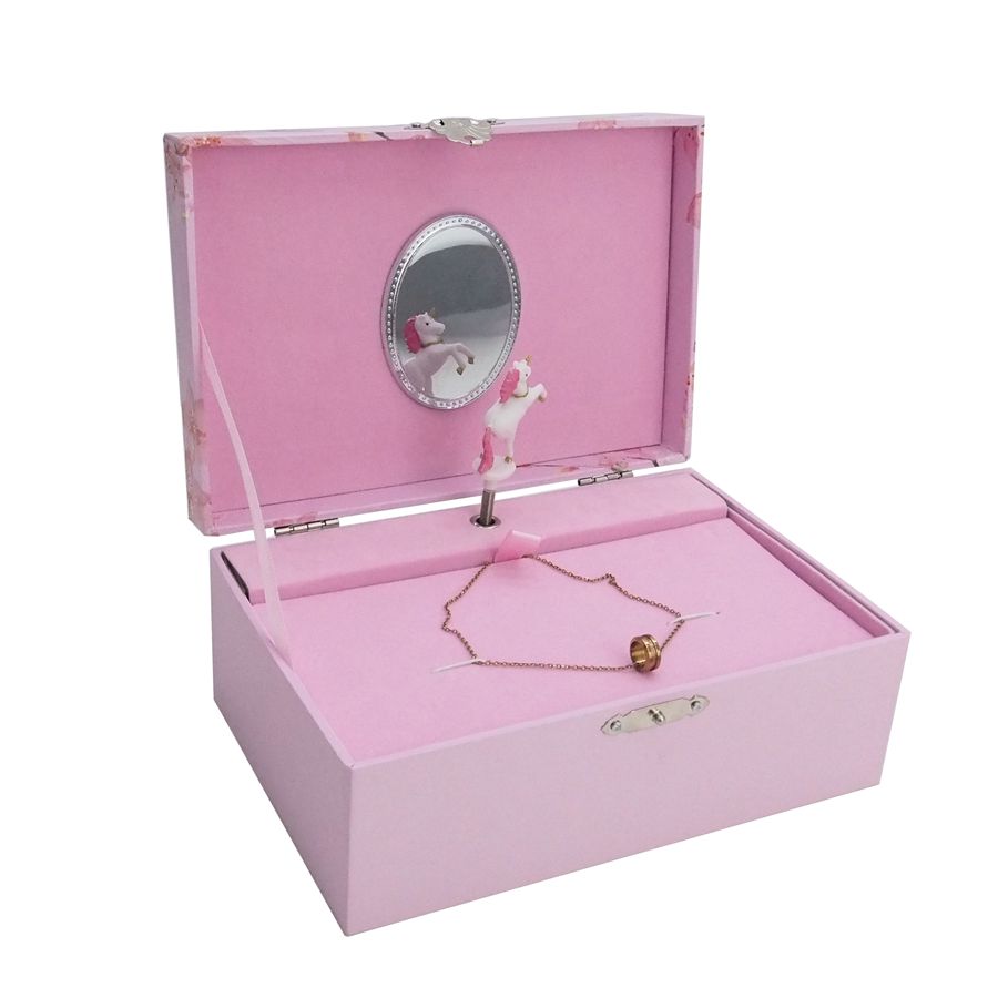 Cree la caja de regalo giratoria del unicornio de la caja de música de la joyería para requisitos particulares para los niños