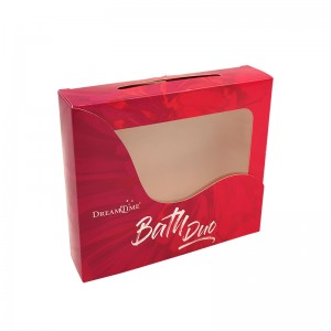 Maža raudona dėžutė su unikaliu PET langu, baltu kartoniniu popieriniu rankšluosčiu