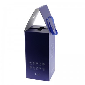 Кутија за подароци за пакување со лого од море сина сребрена хартија со рачка од лента