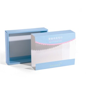 Blå lyxtryck genomskinlig fönsterlåda Högkvalitativ vitpappersförpackning Presentförpackning för klädhandduk