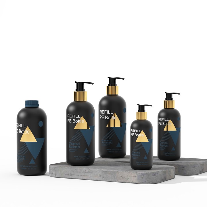 Empty 300ml 500ml 750ml 1000ml plastic matte black lotion bottle with golden pump shampoo bottle supplier Featured Image
