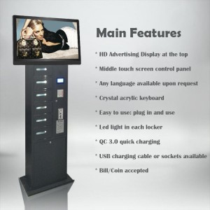 Airport 6 Doors Steel Coin-Operated Cell Phone Storage Cabinet USB Cable Charging Locker Vertical With Ads Screen