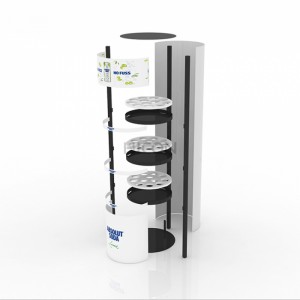 3-slojni dizajn police za kiosk s bijelim grafičkim prikazima