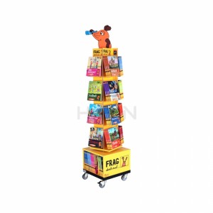 4-Way Wooden Kids Book Comic Display Rack Floor Book Stand សម្រាប់ហាងលក់រាយ